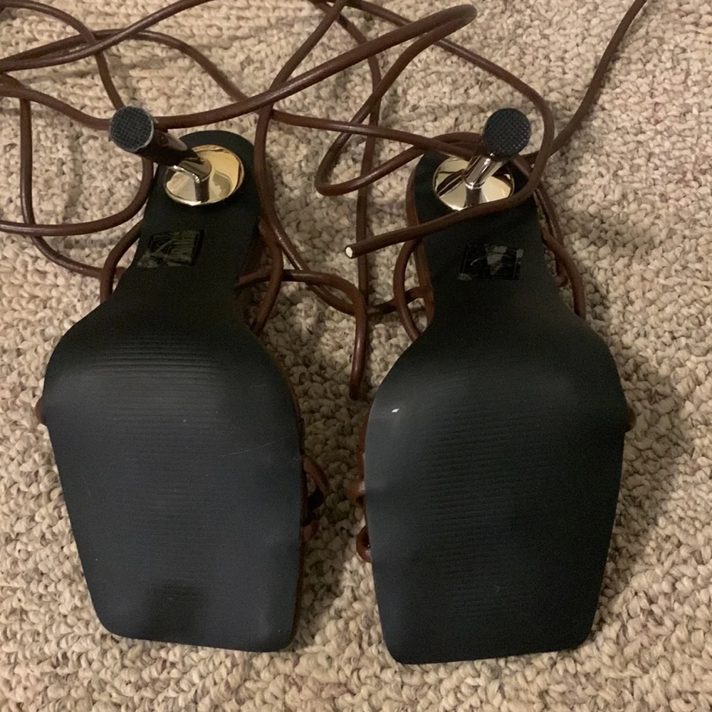 Lacey Chocolate Square Toe Strappy Lace Up Heels - US 7 - Picture 4 of 4